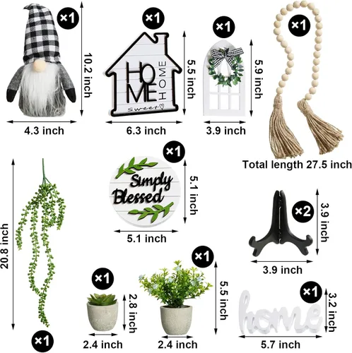 Vista 2 de Juego de 11 piezas de decoración de bandeja escalonada de granja con plantas suculentas artificiales, letrero de hogar dulce hogar, guirnalda