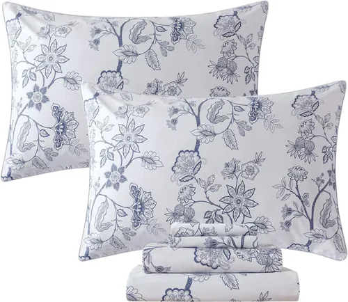 Vista 21 de FADFAY Juego de sábanas tamaño King, sábanas de algodón percal rosa floral con bolsillo profundo, ropa de cama vintage lujosa azul con estampado