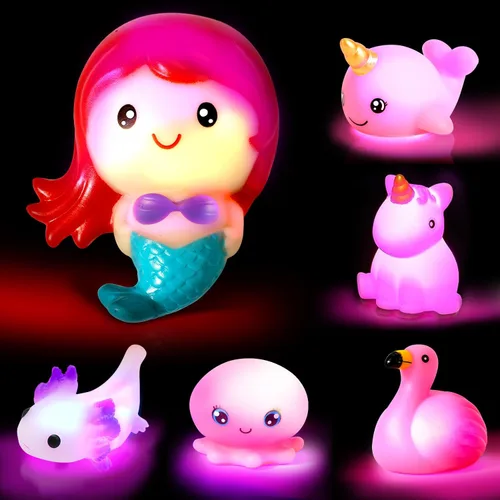 Vista 7 de TOY Life 12 piezas de juguetes de baño de animales que se iluminan para edades 1-3, juguetes de baño luminosos sin agujeros para niños, regalos