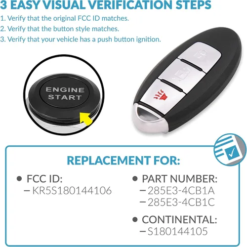 Vista 3 de Keyless2Go Reemplazo para llave inteligente de proximidad de 3 botones Nissan KR5S180144106 285E3-4CB1A