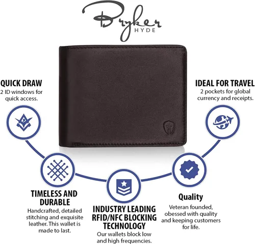 Vista 3 de Bryker Hyde Cartera RFID con 2 ventanas de identificación para hombres, plegable lateral, billetera de viaje de capacidad extra, marrón - piel
