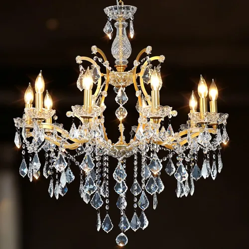 Vista 13 de Candelabros de cristal de bronce antiguo de lujo con lámpara colgante de vela, lámpara de techo de 6 luces de cristal dorado para comedor, sala