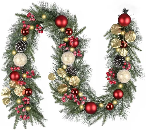 Vista 8 de Valery Madelyn - Guirnalda de Navidad de 1,8 m, preiluminada, con luces, para manto, guirnalda navideña iluminada para exteriores, con bolas