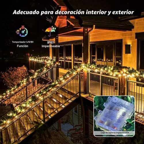 Vista 6 de Guirnalda de luces LED a pilas, 39 pies, 120 luces LED que cambian de color con control remoto, funciona con pilas, alambre de cobre impermeable