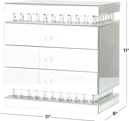 Vista 4 de Deco 79 Joyero de madera con espejo de 3 cajones con adornos de cristal, 11 x 8 x 11 pulgadas, color plateado