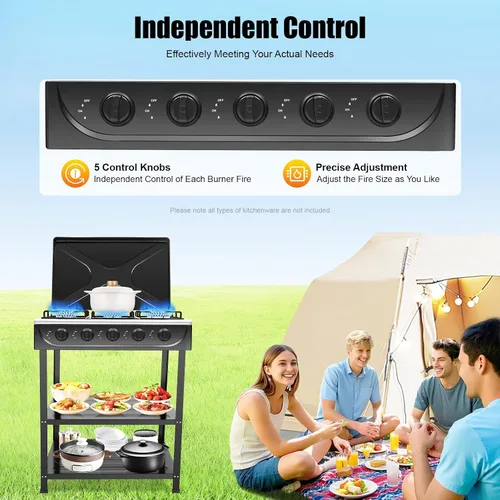 Vista 3 de Estufa de gas de 5 quemadores, estufa de cocina portátil de NG/LPG blanca con estantes de almacenamiento dobles, encendido manual para interiores