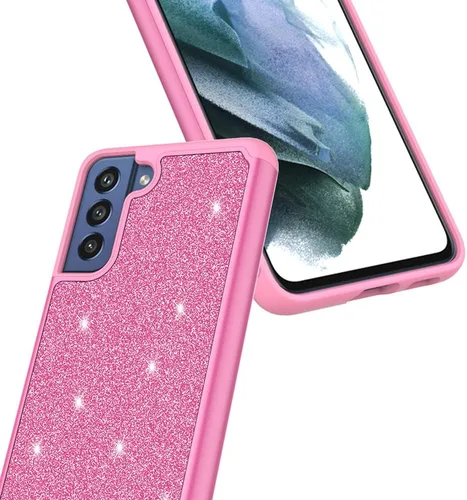 Vista 4 de Diseñada para Samsung Galaxy S21 FE Phone Glitter Case con vidrio templado, resistente de doble capa a prueba de golpes, funda protectora