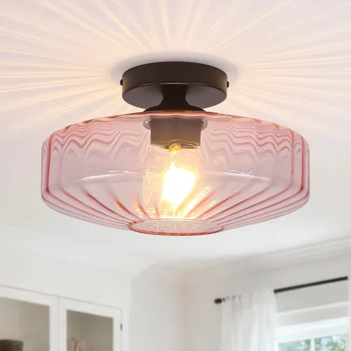 Vista 13 de Lámpara de techo de montaje semiempotrado, luces de techo de vidrio verde vintage de 11.8", lámpara de techo de 1 luz de estilo moderno de mediados
