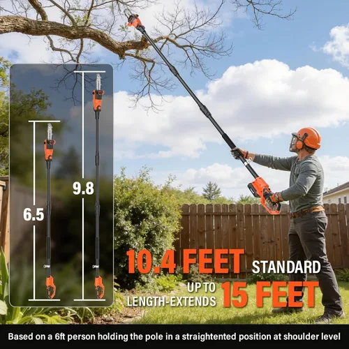 Vista 2 de Sierra de poste inalámbrica de 8 pulgadas 20V con batería y cargador 2×3.0Ah 15-Foot Max Adjustable Reach, 16ft/S Cutting Speed, Auto Oiling