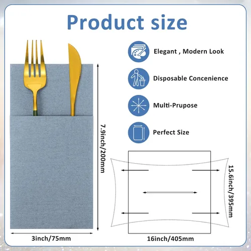 Vista 2 de Seajan 35 servilletas de lino de bolsillo, servilletas desechables de papel airlaid preplegadas con bolsillo integrado para cubiertos para Azul
