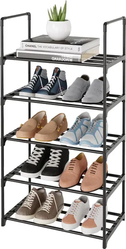 Vista 8 de Zapatero pequeño apilable, soporte estrecho para zapatos para niños, estante de almacenamiento de zapatos de metal para 6-8 pares de zapatos, Negro