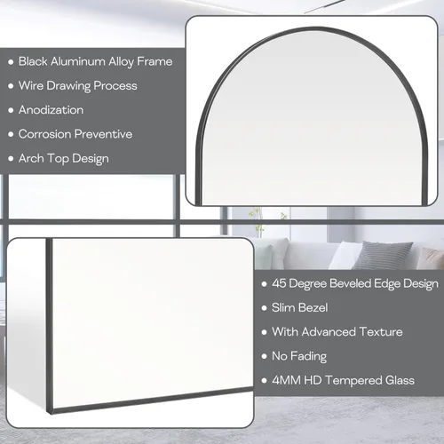 Vista 6 de Espejo arqueado negro de 16" x 20", espejo de pared para baño con arco, espejo de tocador de baño con marco de metal y parte superior arqueada