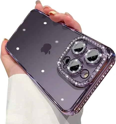 Vista 8 de Funda compatible con iPhone 11 Pro Max con protector de lente de cámara de diamante con purpurina, bonita funda de cristal transparente a prueba