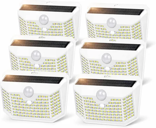 Vista 23 de HMCITY Luces solares para exteriores, 120 LED con 3 modos de iluminación, luces de pared con sensor de movimiento, IP65, impermeable, alimentadas