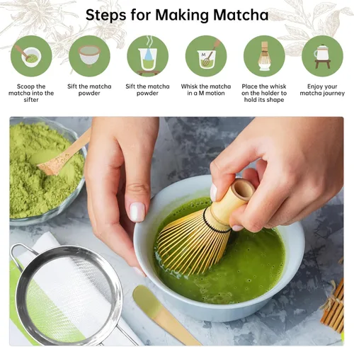 Vista 13 de Juego de batidor de matcha verde, 5 piezas, batidor y tazón de matcha (Chawan) con cuchara de matcha y tamizador, kit de matcha para ceremonia