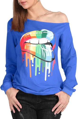 Vista 3 de MAGICMK Sudaderas de manga larga con hombros descubiertos para mujer con estampado de labios y hombros descubiertos