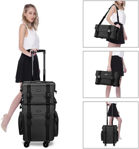 Vista 9 de Estuche con rueditas AW 2 en 1 para maquillaje, ligero, color negro, de tela oxford, 15x11x25 pulgadas, bolsa para cosméticos con cajones