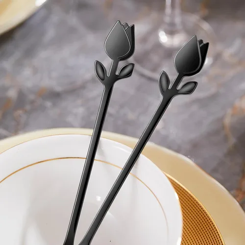 Vista 3 de Juego de 12 mini cucharas de café con mango de tulipán negro/rosa, acero inoxidable de 6 pulgadas para expreso, té, postre, ideal para demitasse