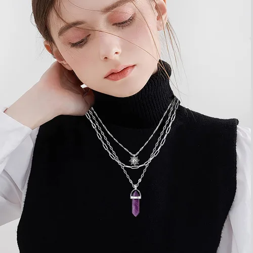 Vista 4 de MJartoria Collar de pentagrama de luna, collar de chakra de cristal, colgante, con dije, cadena de aleación multicapa, conjunto de gargantilla