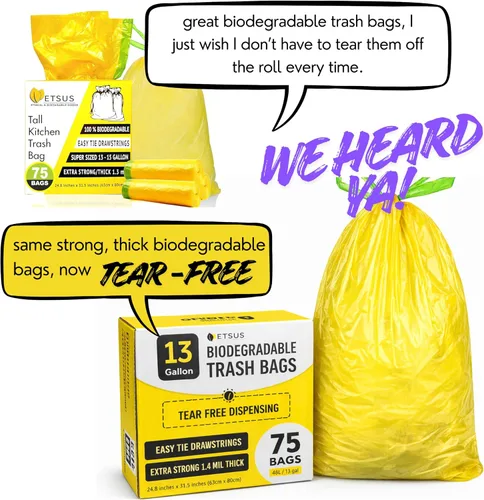 Vista 2 de Bolsas de basura biodegradables de 13 galones con cordón, 75 unidades, bolsas de basura altas a base de plantas de 1.4 mil de grosor con práctica