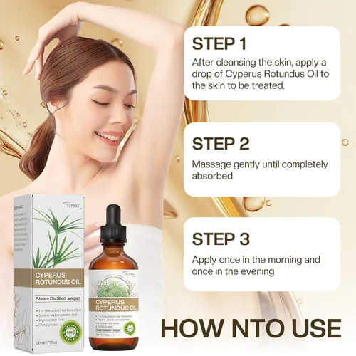 Vista 7 de Aceite Cyperus Rotundus para depilación: reduce el crecimiento no deseado del cabello, ralentiza el nuevo crecimiento, calma la piel y encoge