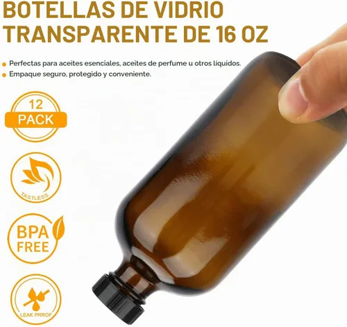Vista 4 de Maredash Botellas de vidrio de 16 onzas, paquete de 12 botellas de almacenamiento de vidrio ámbar con tapas, botella de vidrio ámbar, botellas