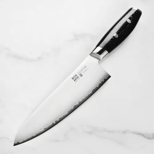 Vista 2 de Yaxell Mon - Cuchillo de chef de 8 pulgadas, fabricado en Japón, Gyuto de acero inoxidable VG10 con mango de micarta