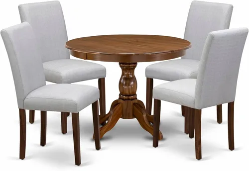 Vista 14 de East West Furniture HBAB3-ABK-24 Hartland - Juego de habitación de 3 piezas que contiene una mesa de comedor redonda con pedestal y sillas tapizadas