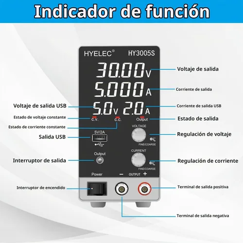 Vista 2 de Fuente de alimentación CC variable 30V 5A, Hyelec Fuente de alimentación regulada de conmutación ajustable con pantalla LED de 4 dígitos, ajustes