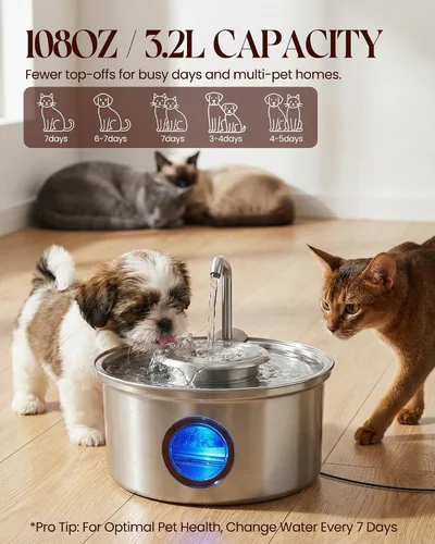 Vista 7 de Fuente de agua para gatos de acero inoxidable, fuente ultra silenciosa para gatos de 108 onzas / 3.2 L para beber con cuenco de agua extraíble