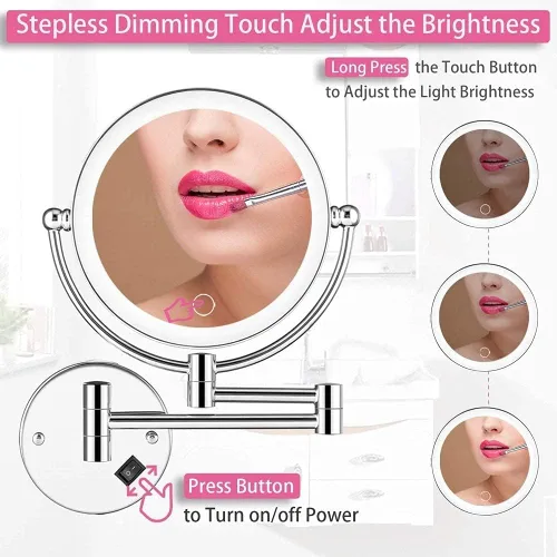 Vista 4 de Wall Mounted Makeup Mirror LED Touch Button Stepless Adjustable Light Double Sided 1X/5x Magnifying Vanity Mirror 360° Swivel Extendable for
