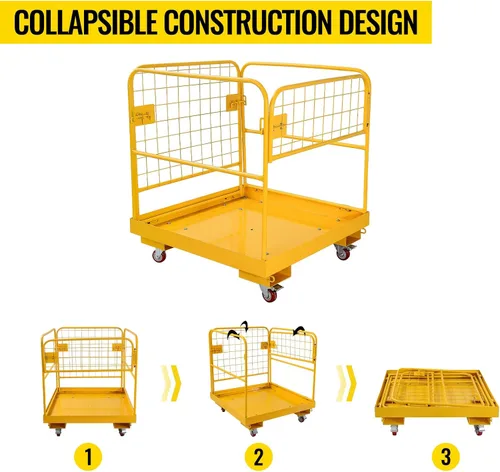 Vista 4 de Jaula de seguridad para carretilla elevadora de 36 x 36 pulgadas, plataforma de trabajo de acero resistente, capacidad de 1150 libras con 4 ruedas