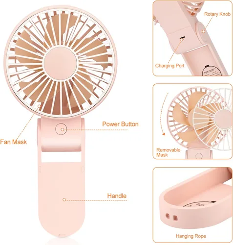 Vista 3 de TriPole Mini ventilador de mano USB, ventilador portátil recargable con pilas, ventilador de escritorio plegable de 3 velocidades, ventilador