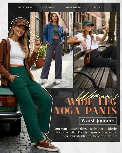 Vista 19 de Neer - Conjunto de 3 pantalones de yoga de pierna ancha para mujer - Pantalones deportivos cómodos, holgados, de cintura alta y casuales