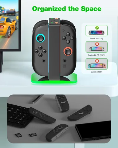 Vista 2 de Base de carga para Nintendo Switch 2 Joy-Con - Base de carga magnética 4 en 1 con luces indicadoras de estadoCarga rápida de 3 horas, cargador