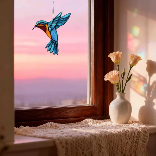 Vista 5 de Atrapasoles de colibrí de vidrieras, adorno único hecho a mano para colgar en la ventana, perfecto para inauguración de la casa, cumpleaños, Navidad