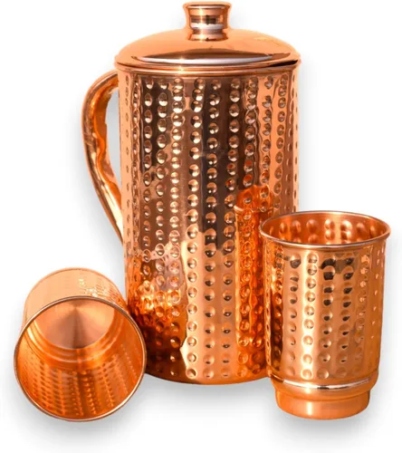Vista 2 de Jarra de agua martillada de cobre puro con juego de 2 vasos, jarra de agua de cobre, capacidad de 50.7 onzas líquidas