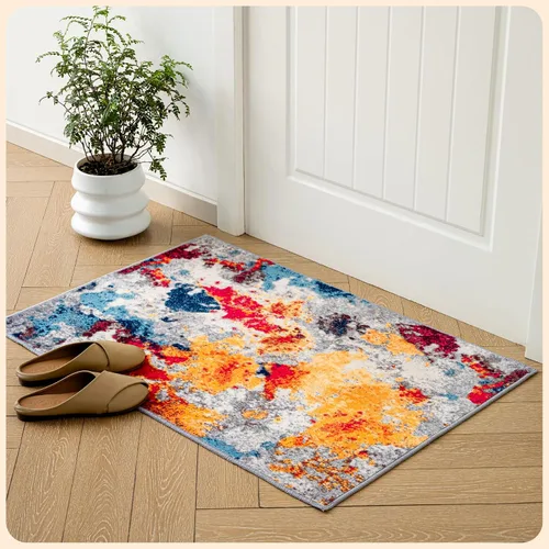 Vista 359 de Istana Alfombra larga antideslizante de 2.5 x 8 para el hogar, para pasillo y cocina, lavable, sedosa y suave al tacto, elegante, color azul y marfil