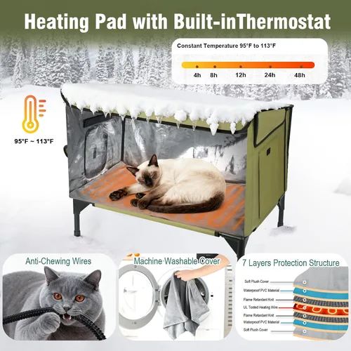 Vista 4 de Gran casa para gatos al aire libre con calefacción para invierno, refugio para gatos aislado resistente a la intemperie con techo inclinado, puerta
