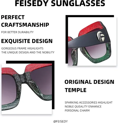 Vista 5 de Feisedy B2276 Gafas de sol cuadradas de gran tamaño con marco de brillantina multicolor