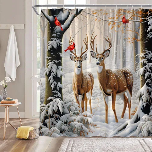 Vista 3 de Cortina de ducha de invierno, naturaleza, bosque, nevado, ciervo, vida silvestre, caza, campo, Navidad, paisaje, decoración de baño, cortinas