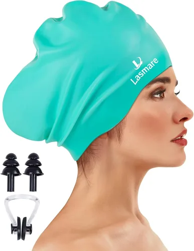 Vista 18 de Large Long Hair Swim Cap with Extra Room for Women Men, Silicone Swimming Cap for Long Thick Hair with Ear Plugs Nose Clip Set, Adult Waterproof