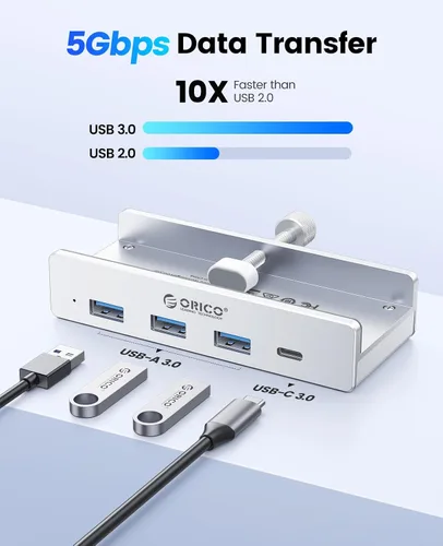 Vista 9 de ORICO Hub USB 3.0, Abrazadera USB Hub con puerto de alimentación adicional, 3 puertos de datos USB-A, puerto USB-C para monitores, escritorios