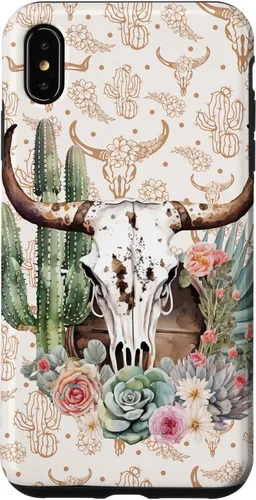 Vista 11 de Western Boho Chic Longhorn Bull Skull Cactus Beige Pattern Case for iPhone 17