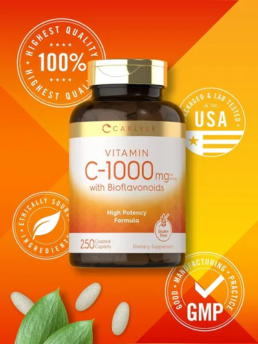 Vista 6 de Carlyle Vitamina C 1000mg con Bioflavonoides 250 Comprimidos con Escaramujo Suplemento Vegetariano, Sin OMG, Sin Gluten