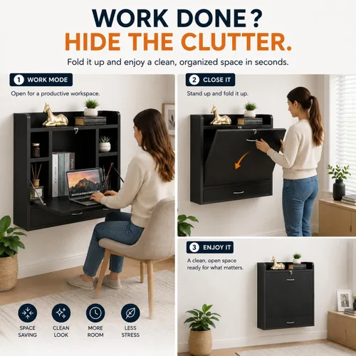 Vista 5 de Basicwise Escritorio plegable montado en la pared, escritorio plegable que ahorra espacio con estantes de almacenamiento y cajón, mesa flotante Negro