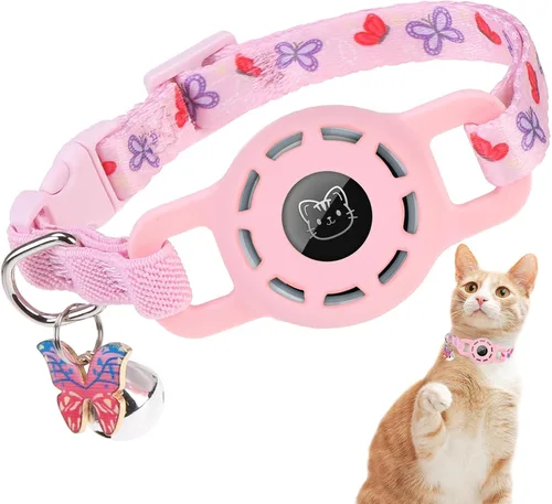 Vista 15 de BINGPET AirTag - Collar de gato con campanas, collar elástico de seguridad mejorado con soporte para collar de gato Airtag, collares de gato