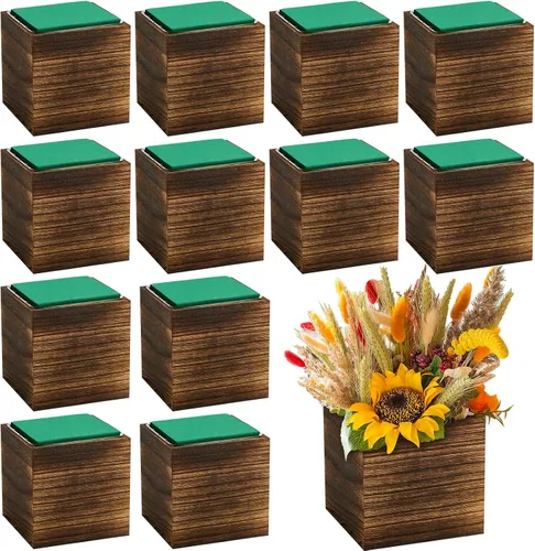 Vista 8 de Dandat Juego de 12 Macetas Cúbicas de Madera, Maceta Cuadrada de Madera Estilo Rústico con Forro de Plástico Desmontable, Bloques de Espuma Floral