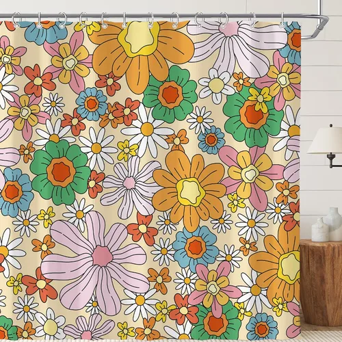 Vista 34 de Cortina de ducha pequeña para casa rodante, tamaño medio, estilo retro de los 70, con flores bonitas, estética abstracta de margaritas, decorativa