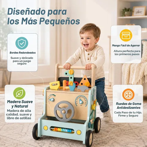 Vista 4 de Andador de madera para bebé con herramientas de banco de juguetes para Centro de actividades Montessori 9 en 1 juguete para niños que aprenden a
